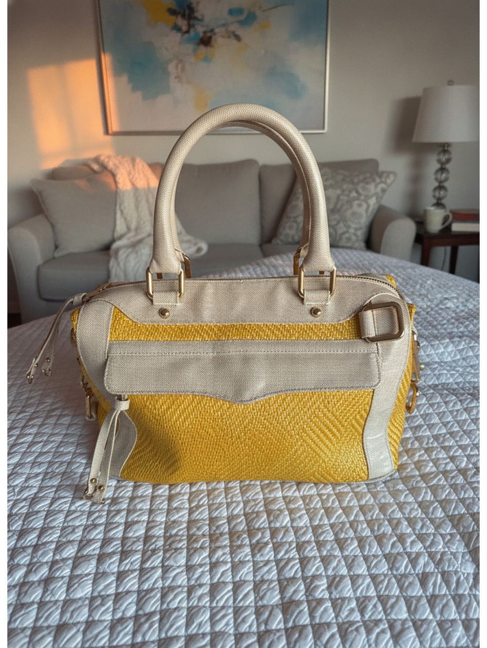 Rebecca Minkoff Yellow Woven Straw and Beige Leather Satchel Handbag
